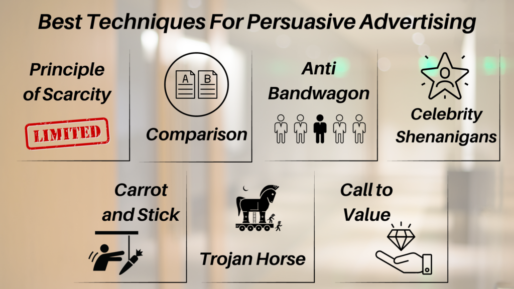 Best techniques for persuasive advertising - Principle of scarcity, comparison, anti bandwagon, celebrity shenanigans, carrot & stick, trojan horse, call to value;