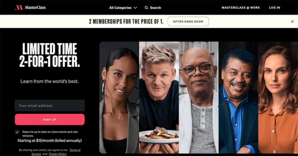 A Masterclass advertisement with the copy Limited Time 2 for 1 offer, and a CTA to sign up. An example for Principle of Scarcity used in Persuasive Advertising.