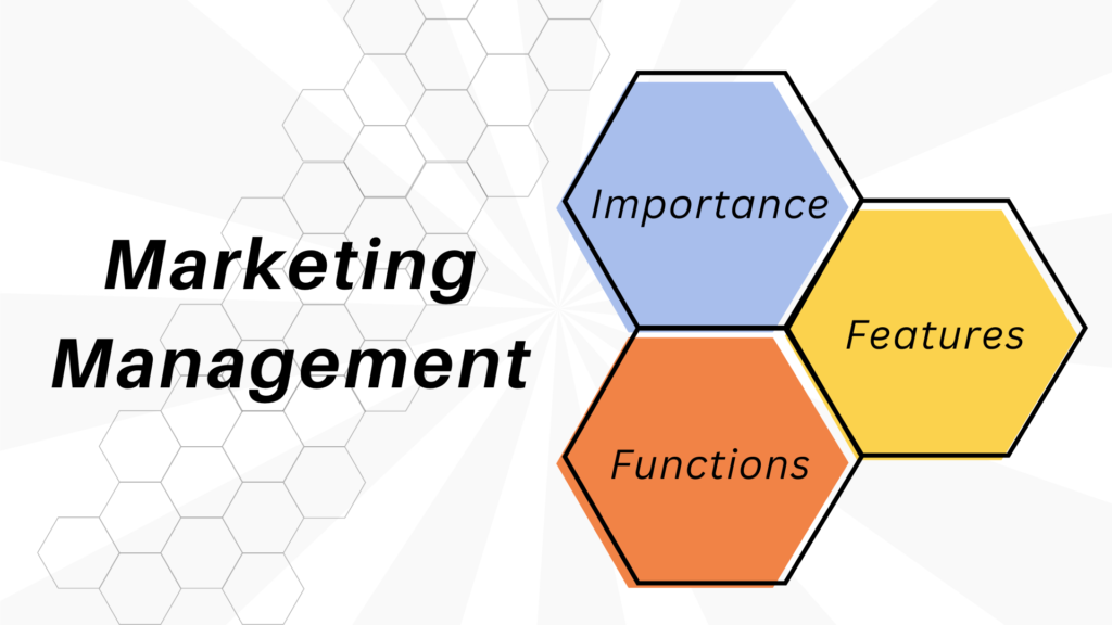 A three-part honeycomb reads out importance, functions and features beside the title marketing management.