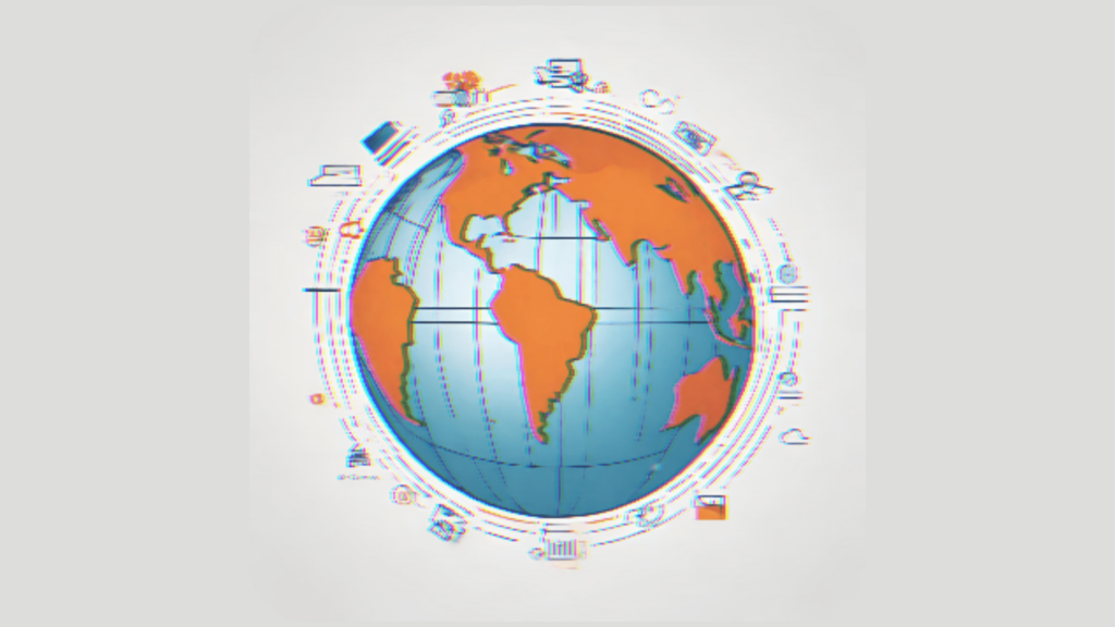 An interconnected globe with icons of manufacturing warehouses, retailers, data charts, etc. that come together to illustrate international marketing